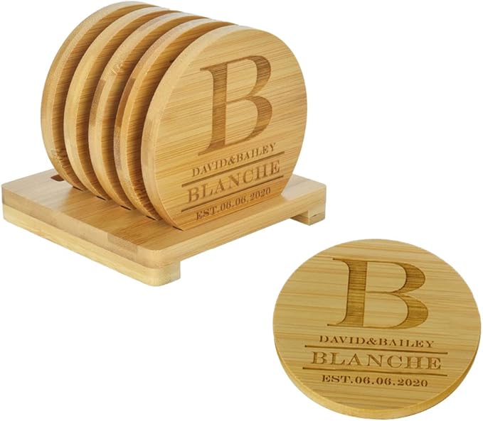 Personalized Bamboo Coasters - Custom Engraved Monogram Coasters with Holder, Great Gifts (Set of 6)