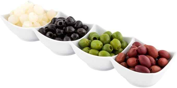 Restaurantware 24 Ounce Porcelain Condiment Tray 1 Square Compartment Snack Dish - Serve Hors D'oeuvres Dips or Condiments For Parties or Buffets White Porcelain 4 Piece Appetizer Server