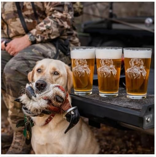 Hat Shark Duck Hunting Gear Decor Beer Glass - Mallard Duck Black Lab Hunting Gift - Laser Engraved 16 oz Pint Drinking Glass Dog Cool Hunters Gift for Men and Women Who Love Water Dogs (4)