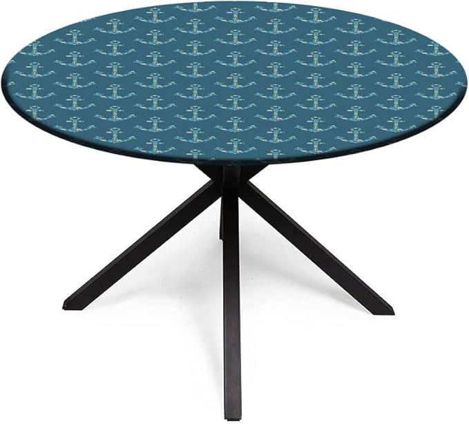 Round Vinyl Fitted Tablecloth, Nautical Print Polyester Table Cloth, Anchors Maritime Theme Decor, Fit Round Tables 48inch Diameter, for Dinner Kitchen Party Decoration, Petrol Blue Beige