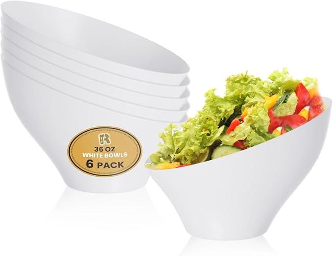 R-kay 6 Pack Large Plastic Bowls - Premium White bowls - Plastic Serving Bowls Heavy Duty For Weddings Catering, Parties, And All Occasions 36 Oz (White, Large)