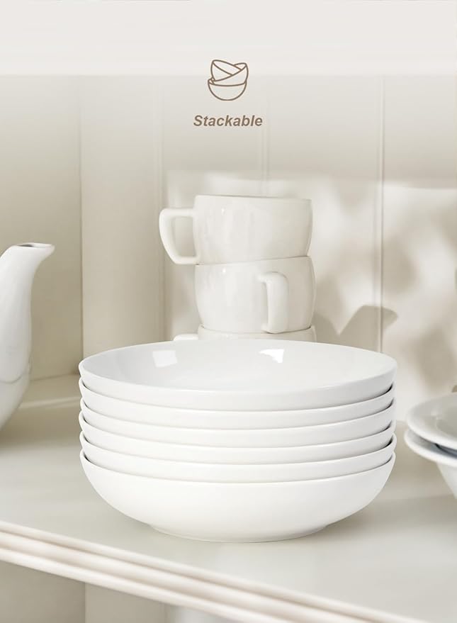 Quatish 35oz Pasta Bowls Set of 8, 8.5" Large Salad Bowls Soup Bowl for Kitchen, Microwave & Dishwasher Safe, Porcelain Wide and Shallow Serving Bowl, White Dinner Plates, Dinnerware Set, Gift