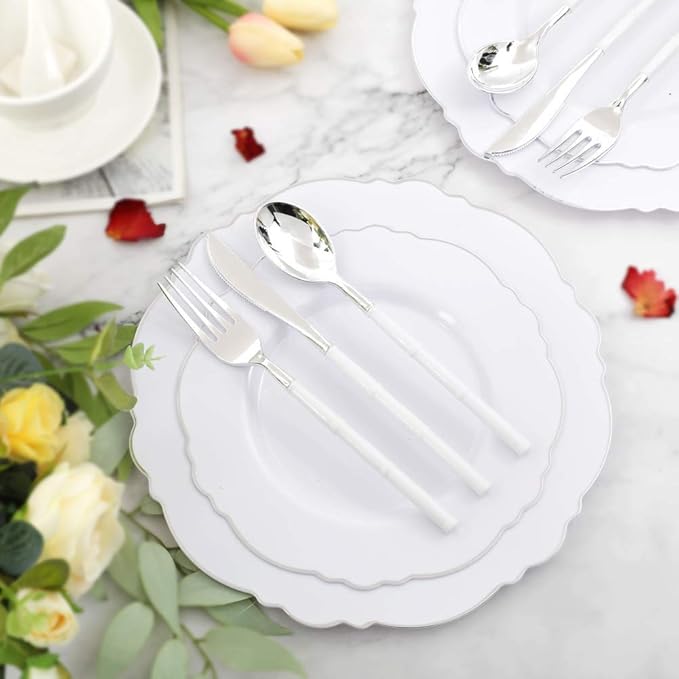 WDF 60pcs Silver Plastic Plates-Baroque White &Silver Plates for Upscale Parties &Wedding-including 30Plastic Dinner Plate 10.25inch, 30 Salad Plate 7.5inch for Valentine's Day