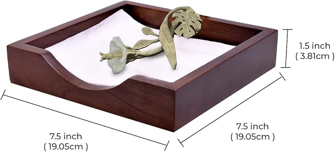 Napkin Holder - Solid Wood Brown Finish Home Decor & Kitchen Decor Table Countertop Serviette & Tissue Holder with Metal Ornament Arm in Silver Gold Finish - Indoor and Outdoor Use - Floral Design