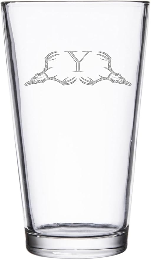 Hat Shark Deer Skull Letter Monogram Pint Beer Glass, 16 oz, Clear, A-Z Initials (1, Letter Y)