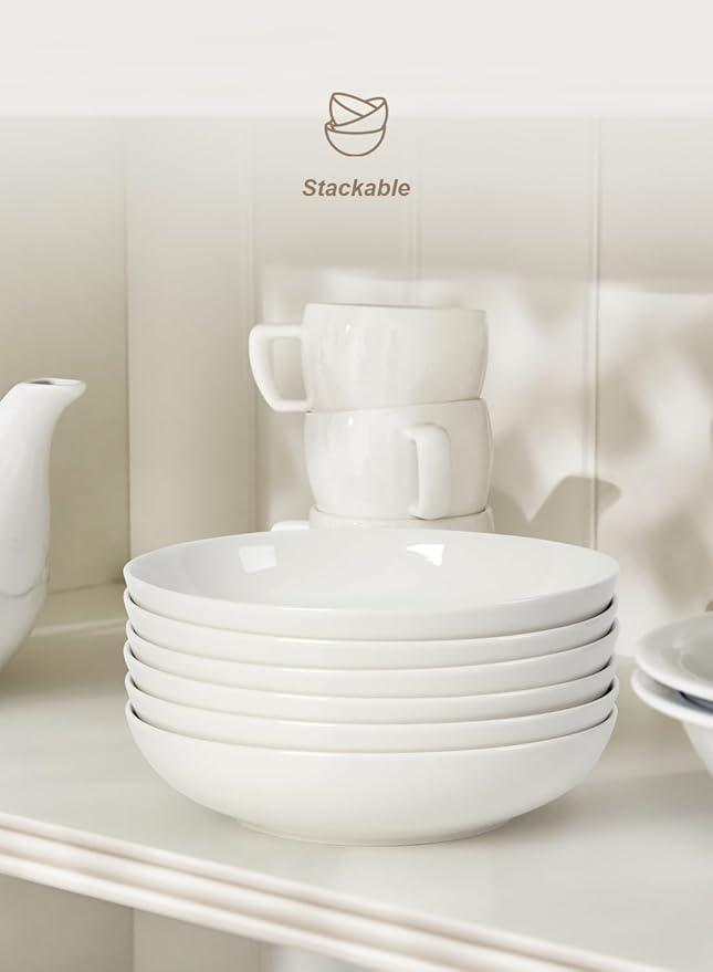 Quatish 35oz Pasta Bowls Set of 4, 8.5" Large Salad Bowls Soup Bowl for Kitchen, Microwave & Dishwasher Safe, Porcelain Wide and Shallow Serving Bowl, White Dinner Plates, Dinnerware Set, Gift