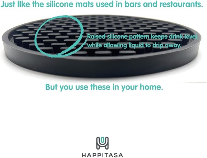Happitasa 4.25 Inch Bar Mat Style Silicone Beverage Coasters, Set of 6 with Holder (Black)