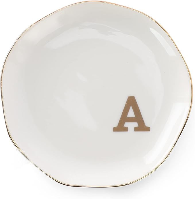 Initials Ring Dish Jewery Tray with Personalized A-Monogrammed Gifts Wedding Engagement for Women Friends sister,Ceramic White