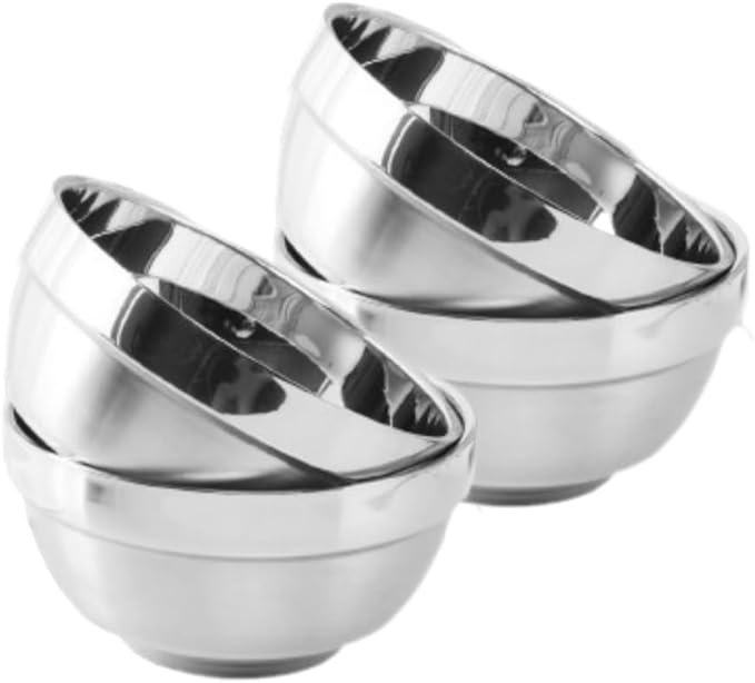 4pcs stainless Steel Bowls Set，5.1Inches Double Walled Insulated Large Serving Rice Cereal Salad noodle， 500ml Unbreakable Deep Bowl for kitchen Restaurant