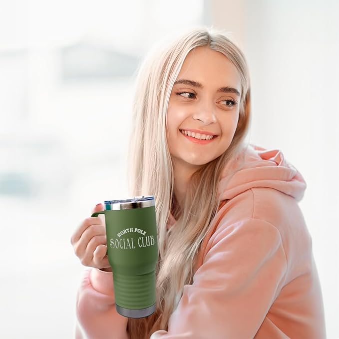 Speedy Pros Tumbler Cups with Straw North Pole Social Club Christmas Xmas Coffee Tumbler with Lid Personalized Insulated Travel Mugs Engraved Stainless-Steel 20 Oz Forest Green Design Only