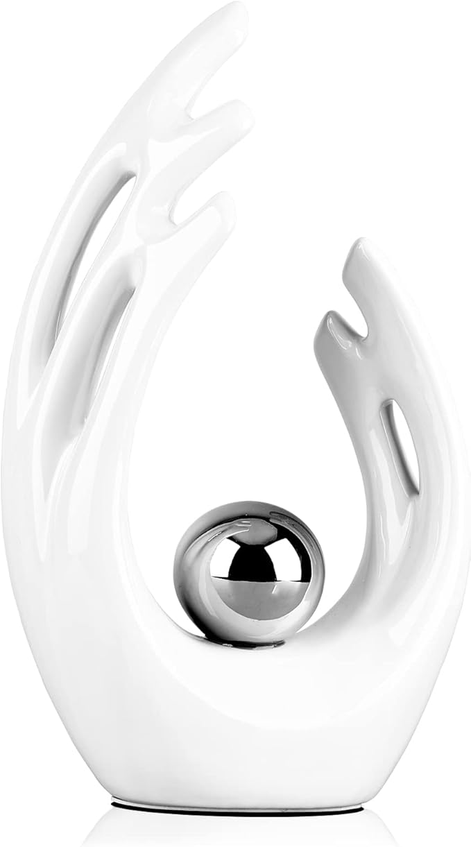 12" H White Silver Aesthetic Room Decor Accent, TV Stand Funky Table Centerpiece, Abstract Art Ceramic Statue and Sculpture, Silver Decor for Living Room, Bookshelf Decorative Objects, Shelf Decor