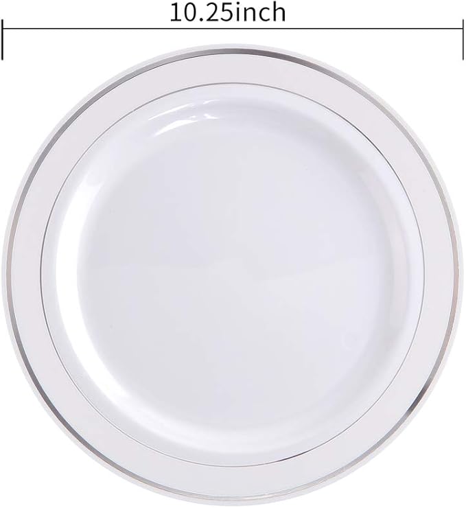 bUCLA 100Pieces Silver Plastic Plates - 10.25inch Silver Rim Disposable Dinner Plates - Ideal for Weddings, Parties