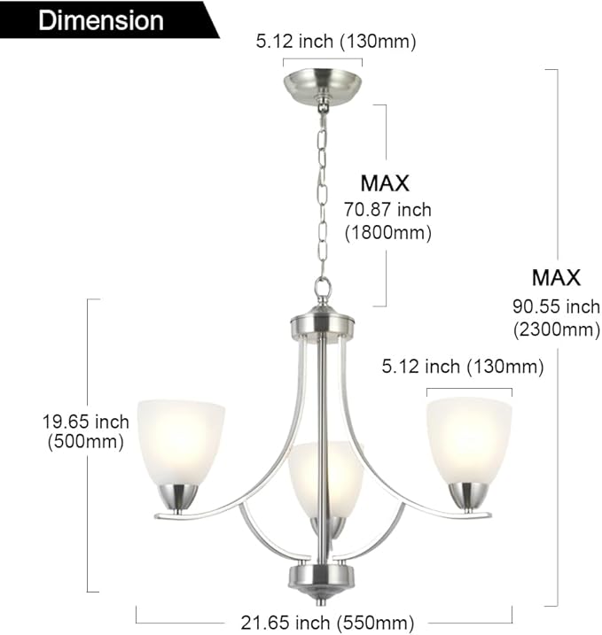 VINLUZ 3 Light Contemporary Chandeliers Brushed Nickel Modern Light Fixtures Ceiling Hanging Classic Pendant Lighting for Foyer Bedroom Dining Room Bathroom