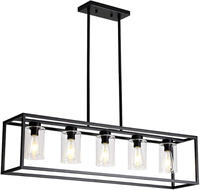XILICON Dining Room Lighting Fixture Hanging Farmhouse Black 5 Light Modern Pendant Lighting Contemporary Chandeliers with Glass Shade for Living Dining Room Bedroom Kitchen Island