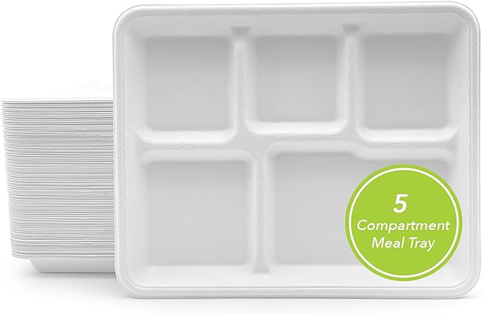 three leaf 5 COMPARTMENT BAGASSE (SCHOOL) TRAY 500 Ct. Heavy-Duty- Super Strong- Natural- Eco-Friendly Disposable Bagasse Plates, 100% Biodegradable 5 Compartment meal Plates
