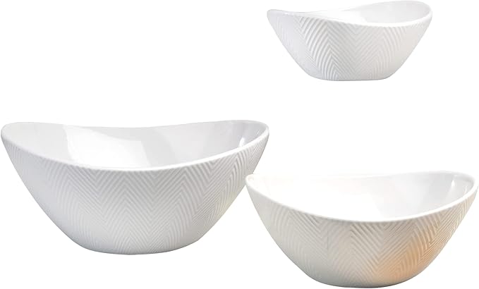 Euro Ceramica Highlands 3 Piece Porcelain Serving Bowls Set, Modern Chevron Texture, White - 40oz, 36oz, and 10oz, Chip Resistant - Nesting - Perfect for salads fruits dips