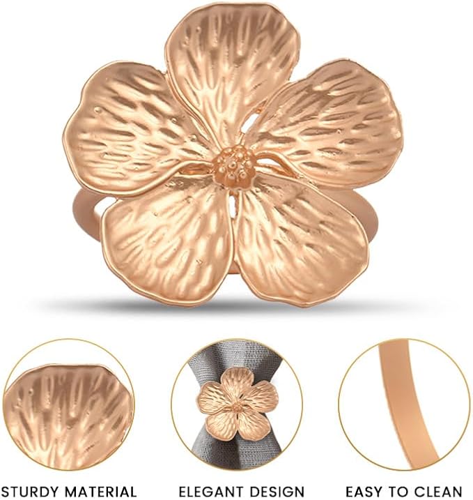 Decozen Set of 8 Gold Napkin Rings in Floral Design, Festive, Table Decor Setting for Holiday, Wedding, Birthday, Kitchen, Home Decor, Housewarming Gift - Mothers Day Decorations