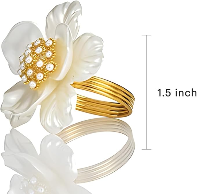 Decozen Set of 12 White Gold Napkin Rings in Floral Design, Festive, Table Decor Setting for Holiday, Wedding, Birthday, Kitchen, Home Decor, Housewarming Gift - Mothers Day Decorations