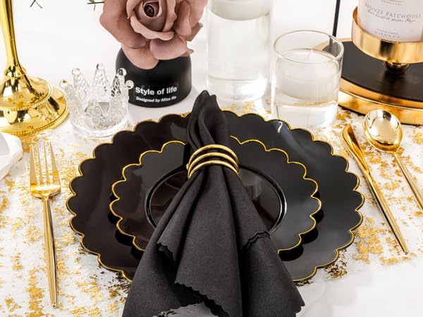 SUT 72 PCS Black Plastic Plates with Gold Rim, plates Disposable Heavy Duty, 10.25 inch plastic Dinner Plate, black Disposable plate for Party