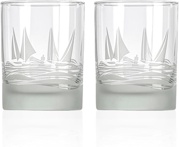 Rolf Glass Regatta 13oz Double Old Fashioned Glass | Set of 2 Whiskey Cocktail Tumblers | Engraved and Lead-Free | Made in the USA | Nautical Sailboat Design