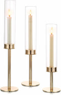 Hewory Gold Candle Holders, 3Pcs Hurricane Candlestick Holders with Glass Candle Cover for Wedding Table Centerpiece Christmas Decor