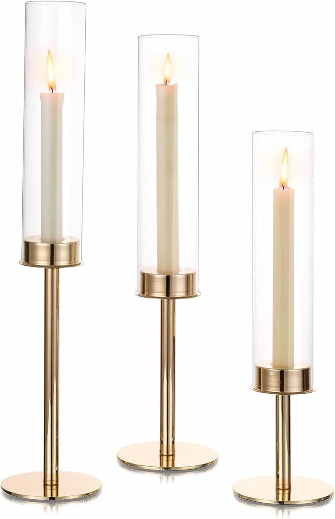 Hewory Gold Candle Holders, 3Pcs Hurricane Candlestick Holders with Glass Candle Cover for Wedding Table Centerpiece Christmas Decor