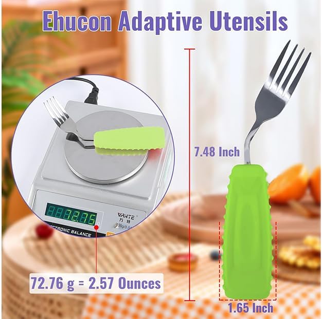 Adaptive Utensils Angled Spoon and Fork for Hand Tremors Parkinsons,Weighted Utensils with Non-Slip Easy Grip Handles for Independent Eating (1pcs Spoon+1pcs Fork=2 pcs,Green,Left Hand)