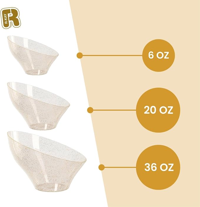 R-kay 6 Pack Glitter Angled Candy Bowls - Gold Plastic bowls 20 Oz - Premium Gold Plastic Serving Bowls Disposable Heavy Duty For Weddings Catering, parties, And All Occasions