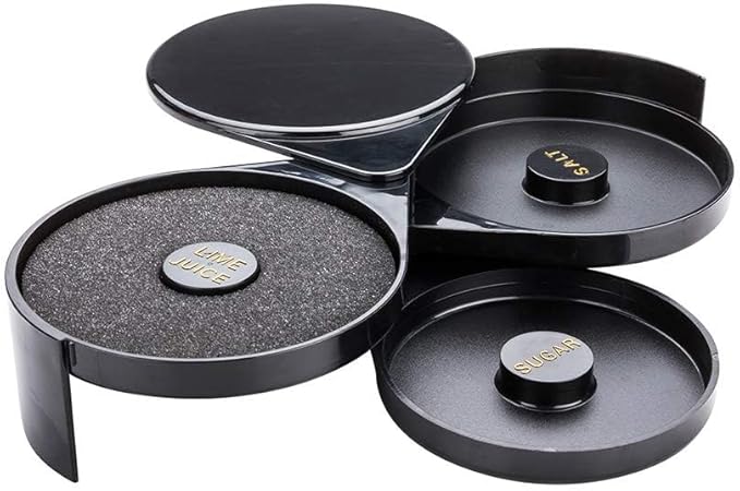 Restaurantware Bar Lux 7.8 x 6.3 x 2.8 Inch Bar Glass Rimmer 1 With 3 Swing Out Compartments Cocktail Glass Rimmer - With Sponge For Cocktails Black Plastic Bar Sugar Rimmer For Salt Or Sugar