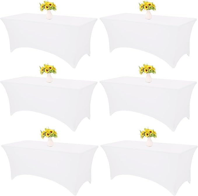 HAISIWLKJ 6 Pack Table Cloth 8ft White Tablecloths for Rectangle Folding Table Spandex Fitted Stretch Cover Wrinkle Resistant Washable Protector for Party, Wedding, Banquet, Festival.
