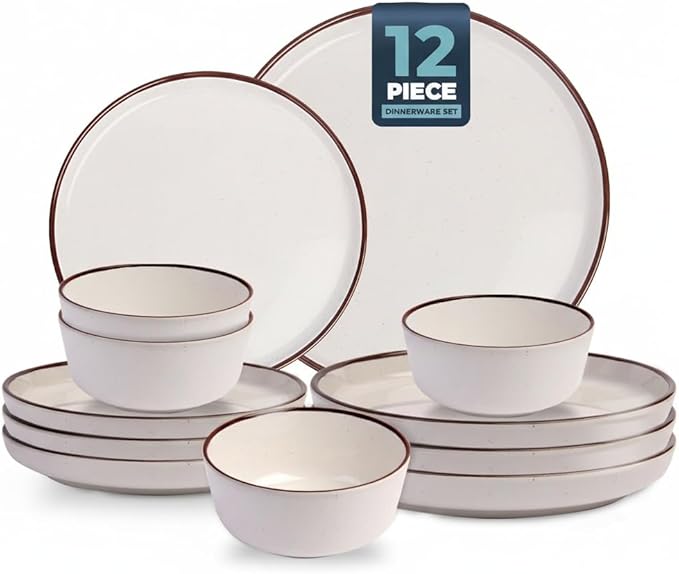 Melamine Dinnerware Sets 12 Piece Unbreakable Plates & Bowls Sets Lightweight Shatterproof Durable Dishware for Camping Picnic Party (White)