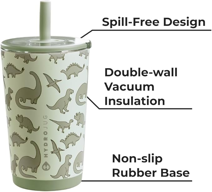 HydroJug Everyday Tumbler 14 oz – Ceramic-Lined Insulated Tumbler with Straw and Soft-Touch Lid, Cup Holder Friendly, Double-Wall Vacuum Insulation, Reusable Travel Cup – Dinosaur