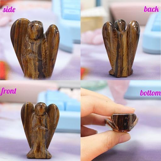 YATOJUZI 2" Tigers Eye Angel Decor Healing Crystals Polished Natural Stone Sculpture Statue Hand Carved Cute Figurines Energy Reiki Home Room Office Desk Decoration Guardian Gifts for Women Men