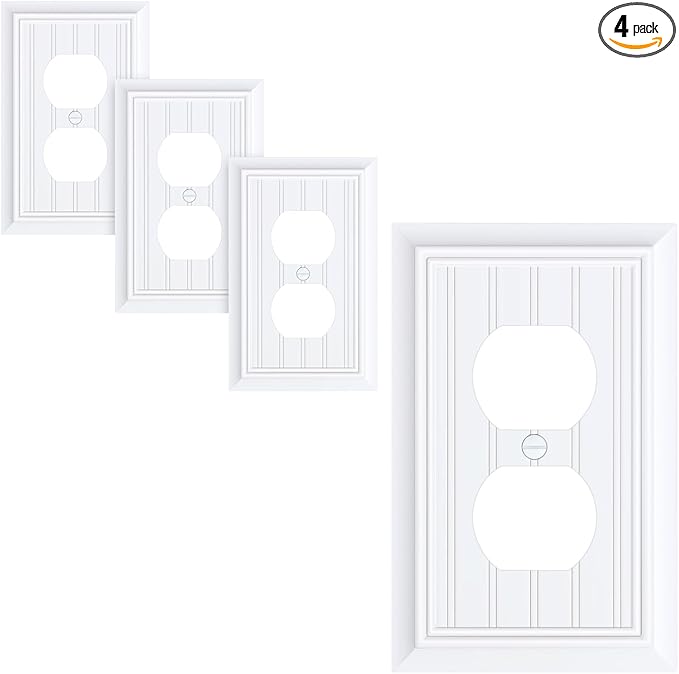 4-Pack Classic Beadboard Duplex Outlet Cover Plate, Decorative Pure White Switch Plates and Outlet Covers, Natural Bamboo Fiber Wall Plates for Electrical Outlets, 1 Gang Receptacle Cover
