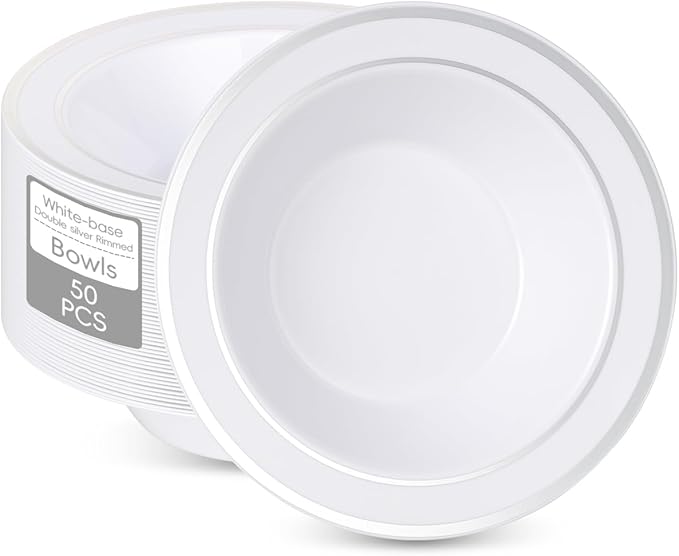 50pc Disposable Soup Bowls With Silver Rim,12oz Disposable Soup Bowls,Disposable Soup Dessert Salad Bowls for Wedding/Party/Catered Events