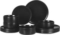 GZG Classic Series - Plates and Bowls Set for 4, 12 Piece Stoneware Dinnerware Sets, Microwave and Dishwasher Safe Lead-Free Handcrafted Ceramic Dishes Set - Matte Black