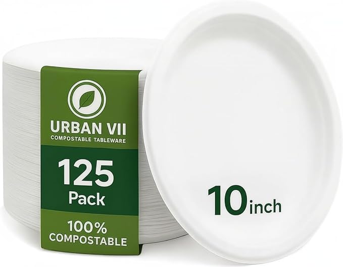 10-Inch White Compostable Paper Plates [125-Pack] – Heavy-Duty Disposable Bagasse (Sugarcane Fiber) Plates, Eco-Friendly Biodegradable Dinnerware, Microwave-Safe & Leak-Proof