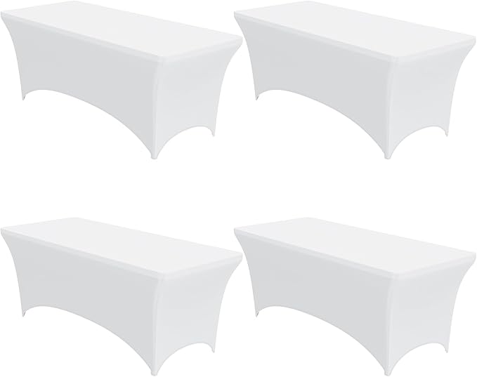 4-Pack White Spandex Tablecloths – 72"x30"x30" Stretch Fitted Table Covers for 6ft Rectangle Folding Tables, Wrinkle-Resistant Tablecloth for Wedding, Banquet & Outdoor Events