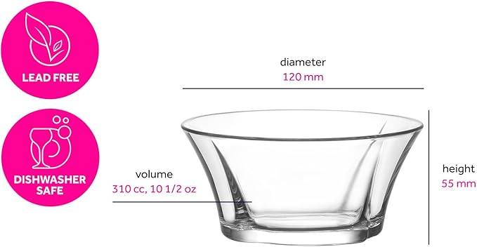 LAV Elegant Glass Dessert, Snack Bowl Set of 6 - Stackable - 10 oz for Parfait, Porridge, Snacks, Side Dishes, Pudding, Fruit Salad, Ice Cream, Small Bowls - Dishwasher Safe, Kitchen Prep, Tableware