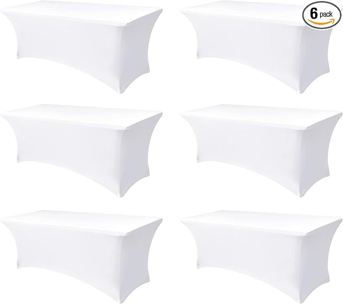 Spandex Table Cloths for 8 Foot Rectangle Tables-6 Pack Fitted Stretch White Table Covers-Elastic Folding Tablecloths for Party, Vendor Booth Display, Banquet Buffet Event, Craft Trade Show