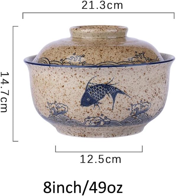8 inch Retro Ceramic Ramen Bowl with Lid,Japanese Style Personalized Dinnerware For Noodle Rice Porridge Soup Fruit Salad (8inch, A)