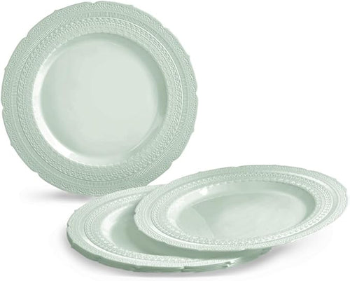 " OCCASIONS " 320pcs set (40 Guests) Extra Heavyweight Vintage Wedding Disposable/Reusable Plastic Plates -40x11'' + 40x8.25''+Silverware+Cups+Napkins (Chateau in Mint)