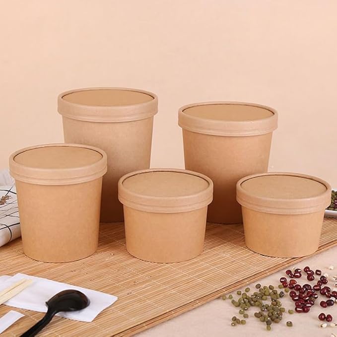DI QIU REN 8oz Paper Soup Container Cup with Vented Lids, Disposable Paper Food Container Kraft Dessert Bowl Soup Bowls, Microwavable and Freezer Safe for Hot Soup, Ice Cream (100 Pcs - Kraft, 8 oz)