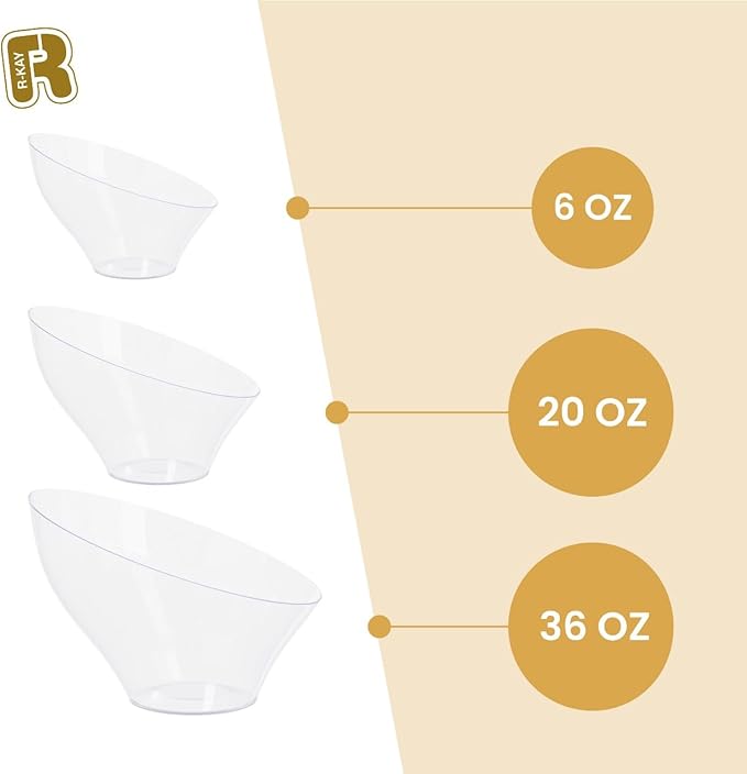 R-kay 6 Pack Angled Candy Bowls - Clear Plastic bowls 20 Oz - Premium Plastic Serving Bowls Disposable Heavy Duty For Weddings Catering, parties, And All Occasions (Clear, Medium)