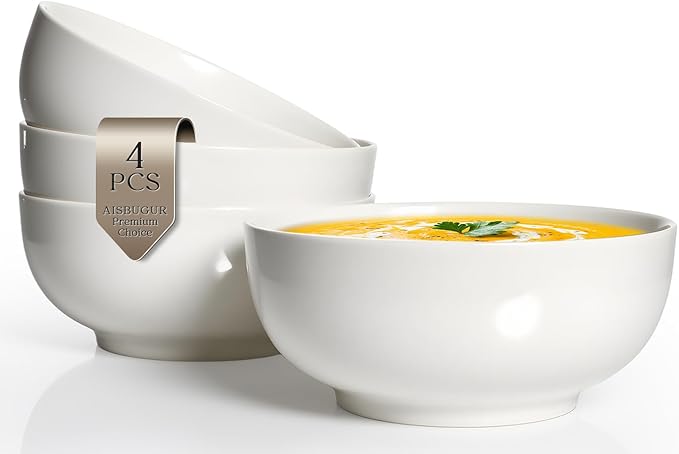 AISBUGUR 39 OZ Large Soup Bowls,Porcelain Salad Bowls Set of 4,Pho Bowls for Soup,Salad,Cereal,Pasta,Fruit,White Bowls Set for Dishwasher & Microwave Safe