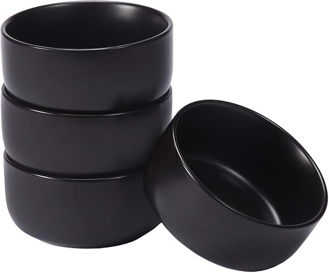 Aquiver 10 Ounces Ceramic Bowl Set - Porcelain Matte Small Bowls - Side Dishes for Desserts, Ice Cream, Snacks, Condiments, Souffle, Yogurt, Soup - Dipping Sauce Bowl Set of 4 (Black)