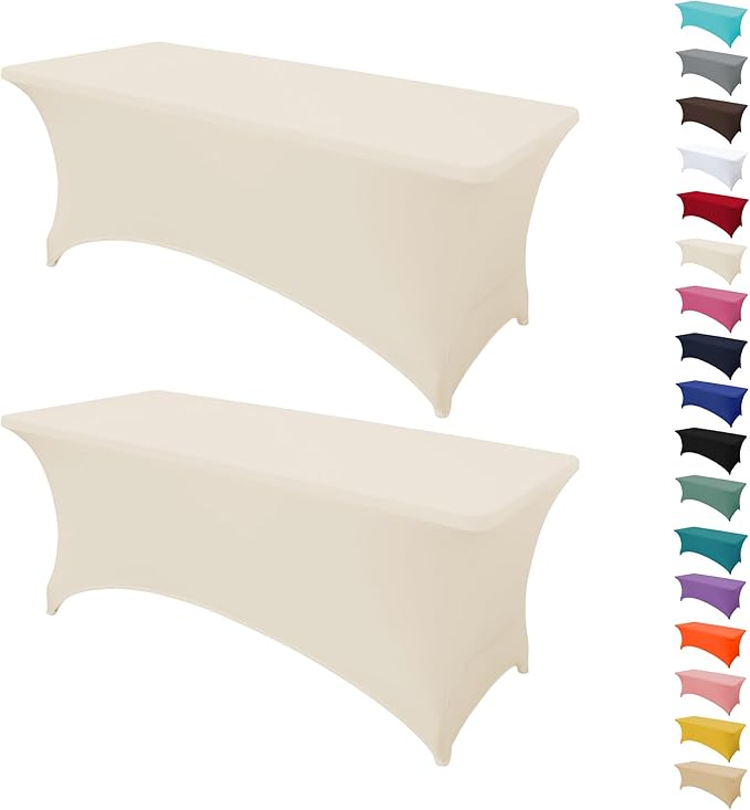 2Pack 4FT Table Cloth for Rectangular Fitted Events Stretch Cream Table Covers Washable Spandex Tablecloth Protector for Party, Wedding, Cocktail, Banquet, Festival