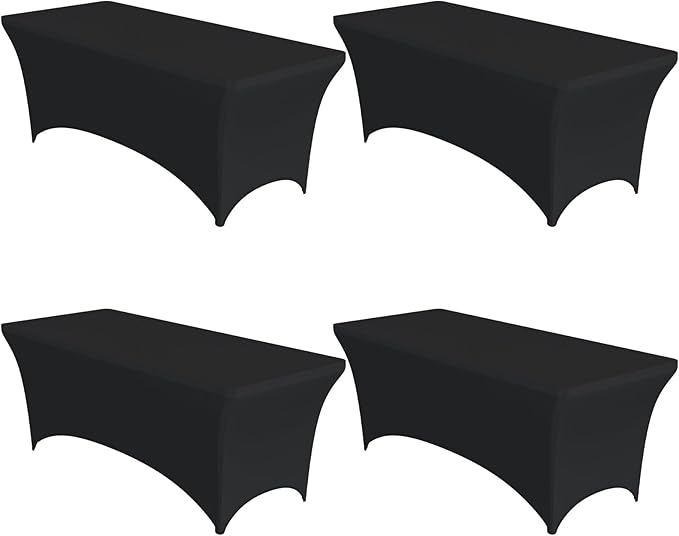 4-Pack Black Spandex Tablecloths – 96"x30"x30" Stretch Fitted Table Covers for 8ft Rectangle Folding Tables, Wrinkle-Resistant Tablecloth for Wedding, Banquet & Outdoor Events