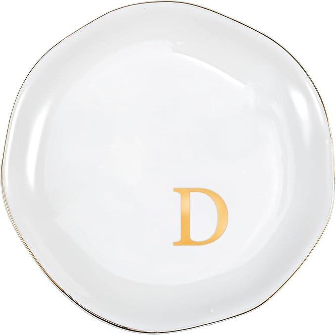 ProCase Ceramic Jewelry Tray, Initial Ring Dish Trinket Plate Engagement Gift, Small Personalized Monogram Ring Bowl for Wedding, White Decorative Jewelry Holder for Women Vanity -Letter D
