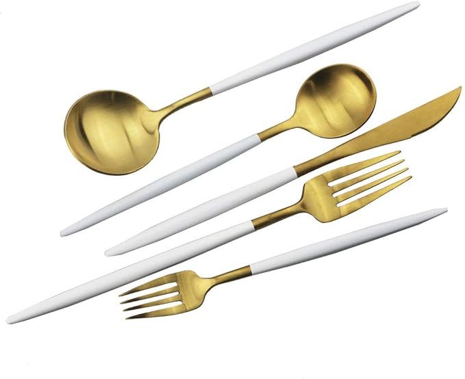 JASHII Luxury Wthie Gold Flatware, Silverware Sets, 5-piece Elegant Cute 18/10 Stainless Steel Silverware Set for Eating Home Kitchen Hotel Restaurant, Service Sets for 1 People, Dishwasher Safe